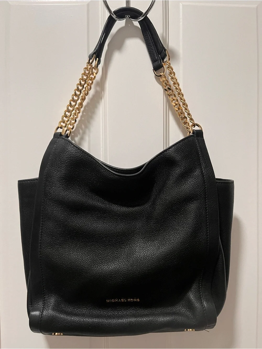 Michael Kors Black Leather Shoulder Bag with Gold Chain Straps